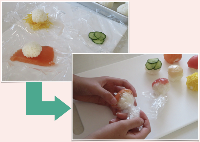 「てまり寿司」のつくり方　ネタに丸めたご飯をのせ、ラップごと包んで丸く形をととのえる