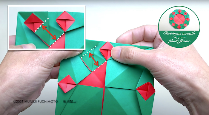 立体折り紙【クリスマスリースのフォトフレーム】飾りの折り方・平行を意識して折り進める